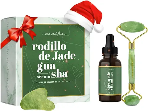 Gua Sha Facial y Rodillo Facial de Jade, Masajeador Facial de Jade Piedra con Sérum Facial 30ml de Vitamina C, Rodillo Masaje, Masajeador de Ojos, Masajeador Facial Antiedad, Rodillo de Jade Auténtico  