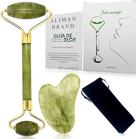 Gua Sha + Rodillo Facial Jade + Guía de Uso + Bolsa Almacenaje – 100% Natural – Masajeador Facial – Antiarrugas – Masajeador Ojos – Rodillo Masaje Relajante y Reafirmante (Set Jade)  