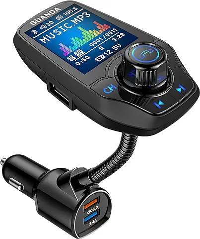 Guanda Transmisor FM Bluetooth para Auto con 1,8'' Pantalla a Color, Manos Libres Adaptador Bluetooth Reproductor 4 en 1 de MP3, Entrada/Salida AUX 2 Puertos USB, Soporte SD/TF U Disk  