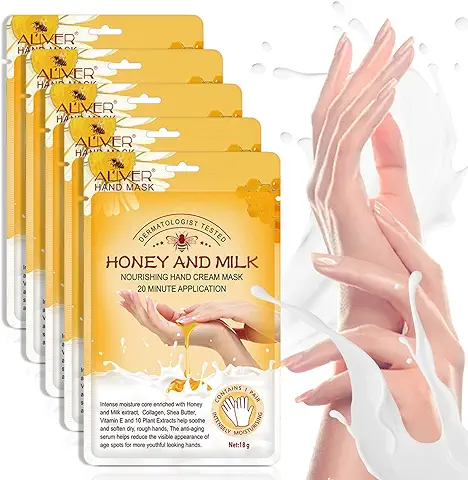 Guantes Hidratantes Para Manos, 5 Pares Miel Y Leche Mascarilla Hidratante Para Manos Secas y Agrietadas, Blanqueador y Antienvejecimiento, Reparador de Piel áspera  