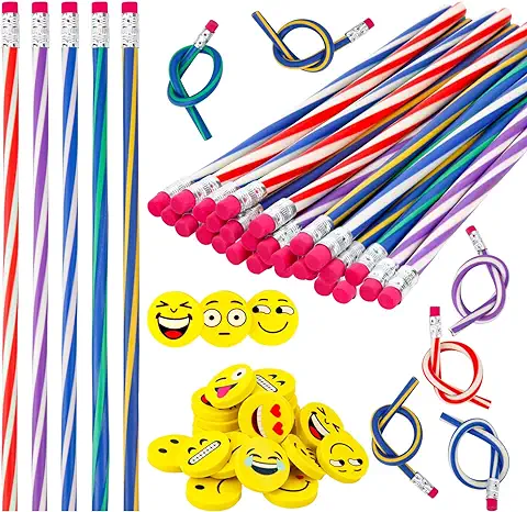 Gudotra 60 Piezas - Gadgets de Cumpleaños para Niños, 30 Lápices Flexibles con 30 Gomas Expresivas para Fiestas, fin de año Escolar  