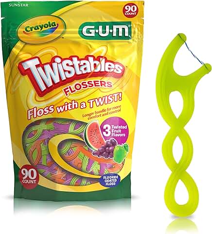 GUM Twistables - Hilo Dental Infantil con Flúor, Diseñado para Manos Pequeñas, tres Divertidos Sabores de Frutas, Palillos de hilo Dental Fáciles de usar para Niños a Partir de 3 Años, 90 Unidades  