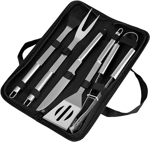 GWHOLE Kits de Barbacoa 5 Piezas Utensilios para BBQ de Acero Inoxidable, Barbacoa Espátulas Pinza Cepillos de Silicona Tenedor Kit de Herramientas con Bolsa Portátil  