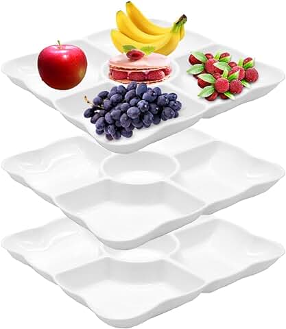 GYSRXS 3 Piezas Blanco Plato de Snacks Plástico Plato Aperitivos 5 Compartimentos Fácil Limpieza Bandeja Aperitivos para Frutas Aperitivos o Dulces Postres,25×6.5×25cm  