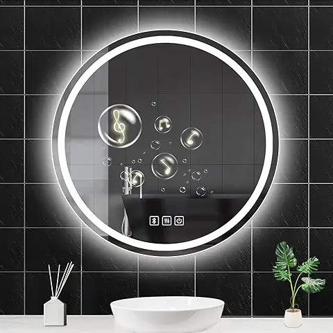 Habison Espejo de Baño Redondo con Iluminación, 70 x 70 cm, Espejo Bluetooth, Antivaho, Interruptor Táctil, Regulable LED Espejo de Baño con luz Blanca Cálida/fría/luz Neutra para Baño (energía A++)  