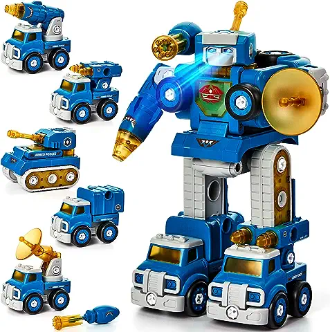 Hahaland 5 en 1 Robot Transformado, Coches de Juguetes, Conjunto de Vehículos Stem, Juguetes de Construcción, Regalo Juguetes Niños 4 a 7 Años  