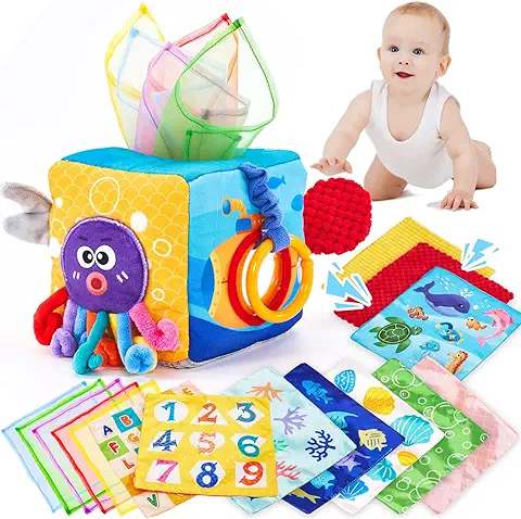 Hahaland Caja de Pañuelos Juguetes Bebes 6-12 Meses, Cubo de Actividades Juguetes Montessori 1 2 Años, Suave Caja Sensorial Juguetes Educativos Temprano para Bebes 6 8 9 10 12 Meses  