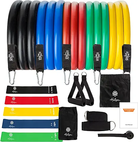 Halseen - Pack Incluye Bandas y Cintas Elasticas de Musculacion – 17 Piezas - Gomas (hasta 100 LB/ 45Kg) + 5 Bandas de Resistencia Latex - Gym en Casa  