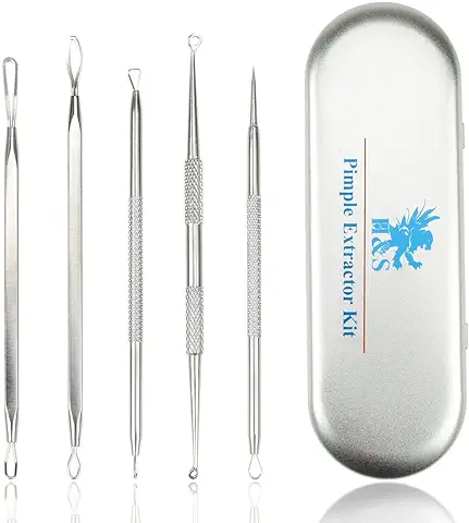 H&S Kit Limpiador y Extractor de Puntos Negros - Quita Granos de Acero Inoxidable con Herramienta Revienta Espinillas - Aparato para Quitar el Acné + Estuche de Metal  