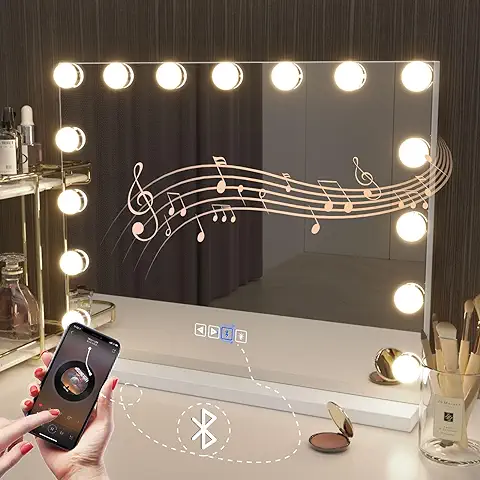 Hansong Espejo Maquillaje con Luz y Bluetooth Espejo Tocador con 15 Lámparas LED Regulables Puerto de Carga USB Hollywood Espelho de Maquillaje Espejo Grande de Maquillaje  