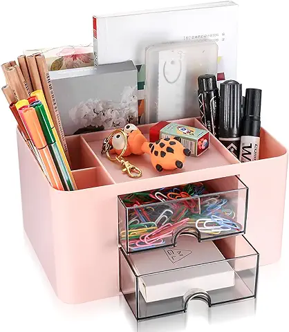 HAOCHEN Escritorio con Cajón, Porta Lápices Organizador de Escritorio, Suministros de Oficina con 5 Compartimentos & 2 Cajones para Accesorios de Escritorio Infantil Caja de Almacenamiento (rosa)  