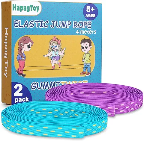 HapagToy Cuerda de Saltar Juguetes de Banda, 2 Pack Twister Cuerda Saltar Largo 4m Ancho 1cm, Premium Goma Elástica Clásico Juego de Salto al Aire Libre Verde y Morado, Regalos para Niñas y Niños  