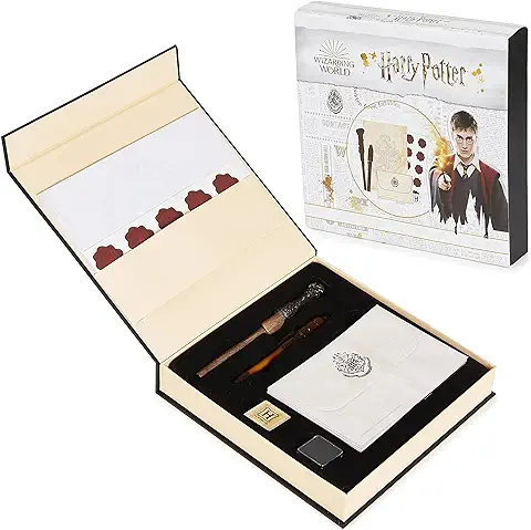 Harry Potter - Juego de Papel para Cartas de Hogwarts, Conjunto Completo de Papelería con Bolígrafo de Caligrafía, bloc de Notas, Sobres, Pegatinas Sellador, Sello Infantil y Bolígrafo Mágico, Tinta  