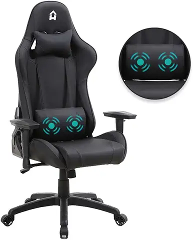 HAUSKLEIN- Silla Gamer Ergonómica de Escritorio Reclinable 180°, Silla de Oficina de Piel Sintética para Computadora con Masajeador Lumbar, Soporta Hasta 180 kg- Color Negro  