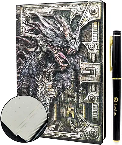 Haxtec DND - Cuaderno de piel con Diseño de Dragón en Relieve en 3D con Bolígrafo, Diario DND de Fantasía para TTRPG Dungeons and Dragons DM y Regalos para Jugadores A5  