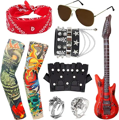 HEAWAA 11 Piezas Disfraces de Rock Accesorios, Punk Runk Gótico Rockero Kit con Manga Guitarra Inflable Gafas Bandana Guantes Pulsera Anillo para Hombres Adulto Fiesta Del Año 70 80 90  