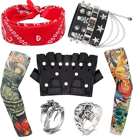 HEAWAA Disfraces de Rock Accesorios, Accesorios de Traje Punk con Mangas de Tatuaje Falso Cubre Bandana Negro Guantes Pulsera y Anillos para Mujeres Hombres Adulto Fiesta Del Año 70 80 90  