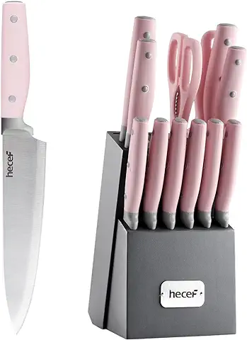 Hecef Juego de Cuchillos de Cocina Profesional 14 pzas y Soporte | Acero Inoxidable, con Afilador, Bloque de Madera (Rosa)  