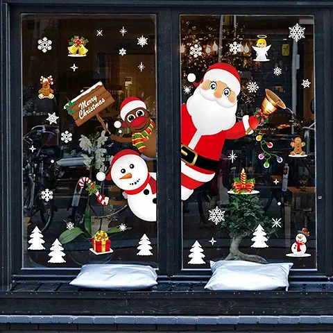 Heekpek Feliz Navidad Papá Noel Muñeco de Nieve Alce de la Puerta Decoración de Ventana Reutilizable Bricolaje Pegatinas Electrostáticas para Fiesta Doble Cara Pegatinas de Navidad Grande Decoración  