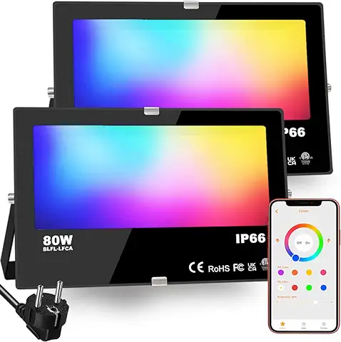 HEKEE Foco LED RGB de Colores 80W Inteligente Controlado por la Aplicación de Teléfono Foco Proyector Exteriores, IP66 Impermeable  