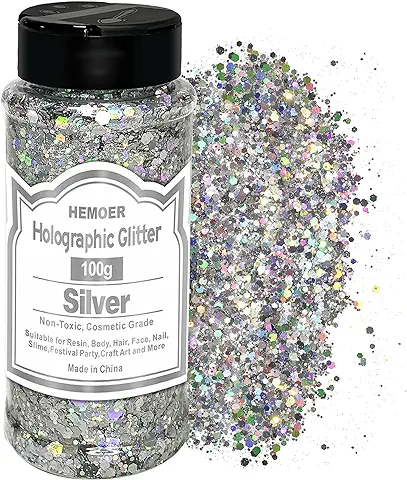 HEMOER Plata Purpurina Holográfica para Resina Epoxi, 100g Purpurina Gruesa Manualidades, Nivel Cosmético Purpurina para Cuerpo, Ojos, Rostro, Hacer Manualidades  