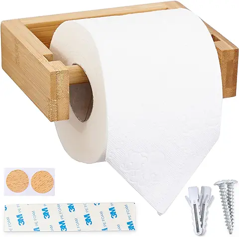 HENNEZ Porta Papel Higiénico - Porta Rollos de Papel Higiénico - Portarrollos Madera Papel Higiénico Original Bambú - Dispensador Papel Higiénico Adhesivo - Soporte Rollo Papel Higiénico  