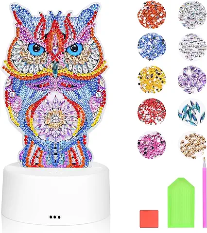 Herefun Pintura de Diamantes Búho, 5D Diamante Luces de Noche, Kit de Bricolaje Diamond Painting Manualidades para Niños, LED Lámpara Decoración pare Habitación Niñas Cumpleaños Regalo Juguete  