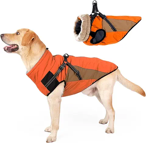 HEYWEAN Abrigo Impermeable para Perro con Arnés Reflectante Abrigo Cálido de Invierno Chaquetas de Perro con Forro Polar y Collar de Piel Ropa de Perro Pequeños Medianos Grandes para Clima Frío  