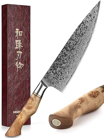 HEZHEN Cuchillo de Chef Profesional de Acero de Damasco de 21cm, Cuchillo de Cocina VG10 Cuchillo Gyuto Cuchillo de Sushi, Adecuado para Restaurantes Familiares Figured Sycamore Wood Handle  