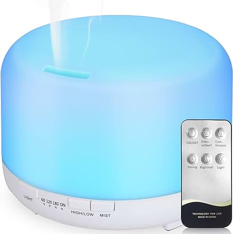 Hianjoo Aroma Diffuser Humidificador 450ml Humidificador Ultrasónico Aromaterapia Lámpara LED Colorida con Función Control Remoto para Yoga Salon SPA Vivir,Dormir, Bañarse, Hotel, Blanco Puro  