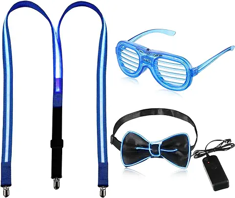 Hicarer 3 Piezas Set Tirantes de LED Iluminados de Hombre Pajarita de LED Intermitente Gafas Luminosas de LED para Hombre Mujer Iluminación Decoración Regalos Recuerdos de Fiesta de Luces, Azul  