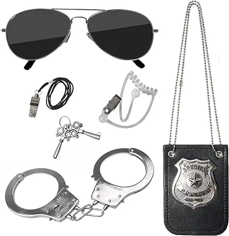 Hifot 5 Piezas Accesorios Disfraz Policia, Placa de Policía y Esposas de Juguete Gafas de Sol Policía Juguete Kit para Niños Halloween Fiesta Carnaval Juego de Roles Accesorios  