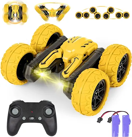 Highttoy Coche Teledirigido Niños,Coche Teledirigido 4WD Stunt Rotación Volteo de 360° Juguetes Niños 5 6 7 8 9 10 Años Regalos Coche Acrobacias Control Remoto con 2 Baterías Recargables Amarillo  