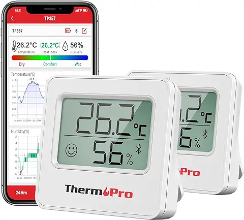 Higrómetro ThermoPro TP357 260FT Bluetooth, con Monitor Remoto de Temperatura y Humedad y APP Inteligente, Medidor de Sensor de Temperatura y Humedad con Registros Máximos y Mínimos, 2 Piezas  