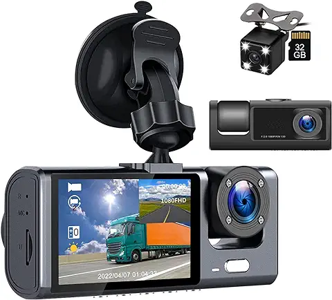 Hikity 3 Lens Dashcam Cámara Coche Delantera y Traserao y Dentro del Auto, Cámara de Coche Dash CAM con Sensor G, Grabación de Bucle, Visión Nocturna,Monitor de Aparcamiento,Tarjeta TF de 32 GB…  