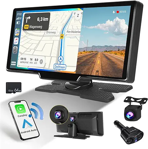 Hikity Portátil 9.3" IPS Pantalla Táctil Inalámbrica Apple Carplay Android Auto Navegación GPS con Cámara de Seguridad Bluetooth Transmisor FM DVR Grabación de Vídeo WDR AUX +32GB Tarjeta SD  