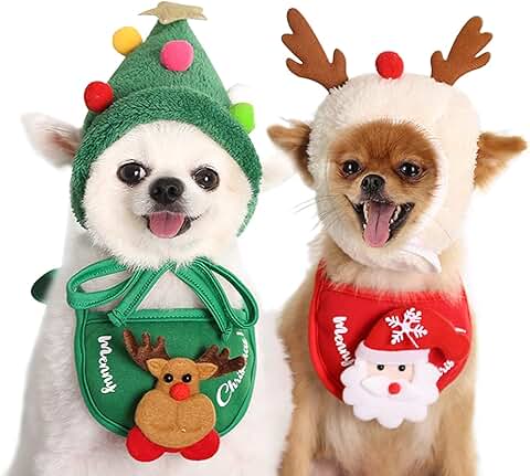 Hileyu Disfraz de Navidad para Mascotas 4PCS Perro Gato Traje de Navidad Cuernos Divertidos Sombreros de Navidad Capa Ajustable Toallas de Saliva de Santa para Cachorro Perro Gato Vestir  