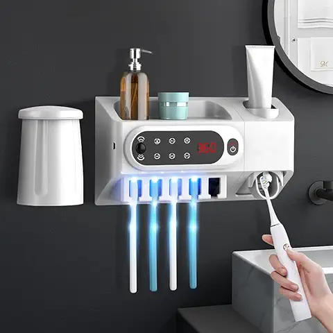 HMAKGG Portacepillos De Dientes Electrico UV, Soporte Cepillo Dientes Pared con Sensor De Infrarrojos, Dispensador De Pasta De Dientes Automático, 5 Ranuras para Cepillos,2 Tazas Magnéticas, White  