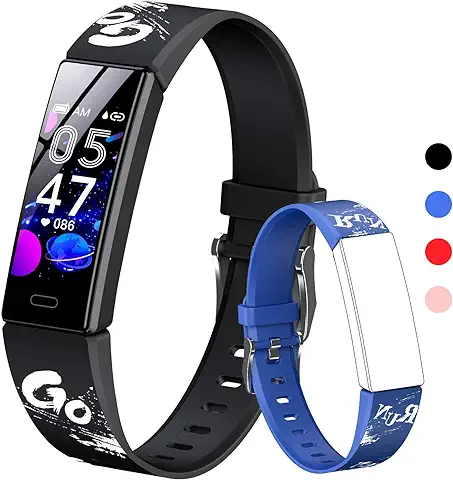 HOFIT Pulsera Actividad para Niños, Reloj Inteligente con Podómetros, Monitor de Frecuencia Cardíaca y Sueño, Cronómetro, Ip68 Resistente Pulsera Deportiva, Smartwatch con 2 Pulseras (Negro)  