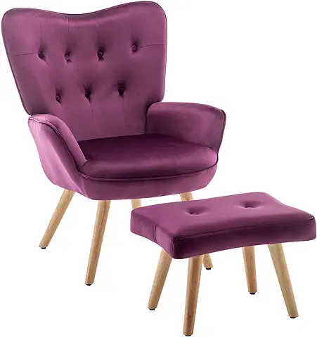 HollyHOME Sillón Silla de Lectura, Silla Relax Terciopelo con Reposapiés, Sillas de Ocio para Salón, Dormitorio, Púrpura  