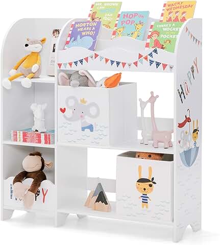 HOMASIS Estantería Infantil de 3 Niveles, Estantes de Madera para los Niños, Organizador de Juguetes con 5 Compartimentos y 2 Cajas, Estante Vertical para Dormitorio, Salón, 93x29,5x102cm (Animales)  