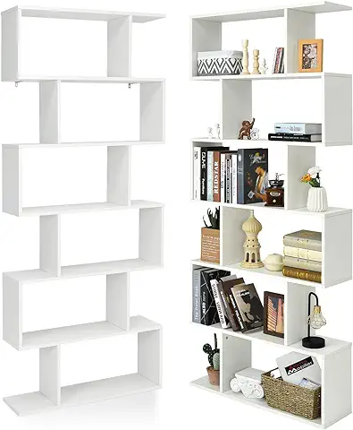 HOMASIS Librería de pie con 6 Niveles, Estantería de Oficina de Madera, Librería Multifuncional de Pared con Diseño Antivuelco, Estantería de Oficina en Forma de S, 80 x 23 x 191cm (Blanco)  