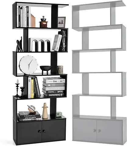 HOMASIS Librería en Forma de S de 6 Niveles con Puertas, Estantería de Almacenamiento Que Ahorra Espacio, Estantes Decorativos de Madera para Salón, Dormitorio, Oficina, 70 x 23 x 183 cm (Negro)  