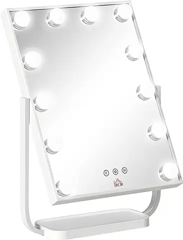 HOMCOM Espejo de Maquillaje con Luz Espejo Hollywood de Mesa con 12 LED 3 Modos y Luz Ajustable Pantalla Táctil y Función de Memoria para Dormitorio Baño 32,8x11x47,4 cm Blanco  