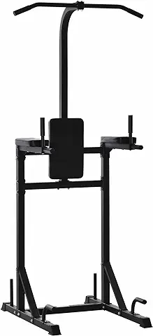 HOMCOM Estación de Fondos Power Tower Torre Multifuncional con Barra de Dominadas Acero para Fitness Entrenamiento en Gimnasio Casa Carga Máx. 120 kg 110x97x227 cm Negro  