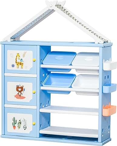 HOMCOM Estantería Infantil de Juguetes con Armario Estantes 4 Cajas y 3 Cestas Organizador de Almacenaje para Habitación de Niños Sala Juegos 128x34x155 cm Azul  