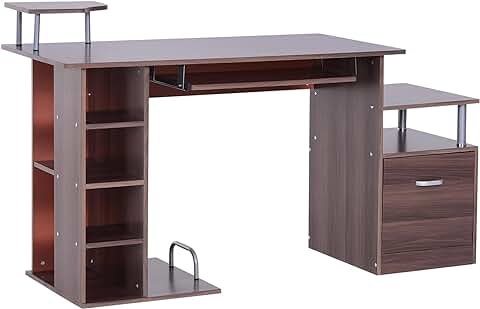 HOMCOM Mesa de Ordenador PC 120 cm Mesa Escritorio de Oficina con Múltiples Estantes Cajón Bandeja de Teclado Soportes para Monitor Impresora y CPU 152x60x88 cm Marrón  