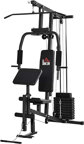 HOMCOM Multiestación Máquina de Musculación con Estribo para Piernas Poleas y Placas de Peso de 45 kg para Entrenamiento Fitness en Hogar Gimnasio 148x108x207 cm Negro  