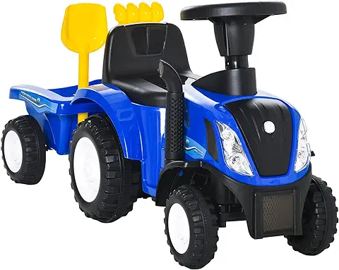 HOMCOM Tractor para Niños de 12-36 Meses con Remolque Extraíble Coche Correpasillos con Bocina Faros Pala Asiento de Suelo 25 cm y Rastrillo Carga 25 kg 91x29x44 cm Azul  