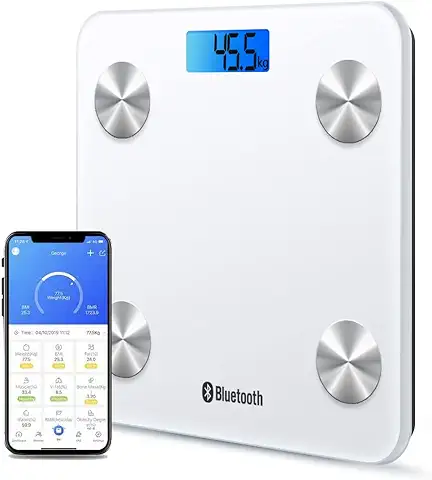 HOMEFASHION Báscula Digital Inteligente con Bluetooth Compatible con iOS y Android, Medidor de Peso, IMC, Masa Muscular, Grasa Corporal, Agua, Masa Osea (blanco)  